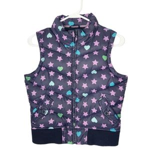 Gap Kids Puffer vest. Sz 12. Navy w/hearts & stars print in purple,green,blue.